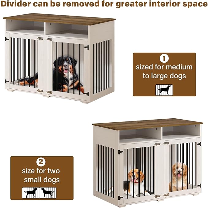 Furniture Dog Crate for 2 Dogs, 41 Inch Dog Kennel Furniture with Removable Divider and Shelf Storage, Wooden Dog Crate for Small/Medium Dogs, White-PawvioPets