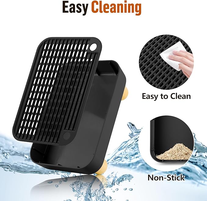 Cat Litter Box Step Ramp, Cat Litter Catcher Mat with Wooden Feet, Filter Function, Cat Pedal Stool for Self-Cleaning Cat Litter Box, Ideal for Kitten & Elderly Cats (Black)-PawvioPets