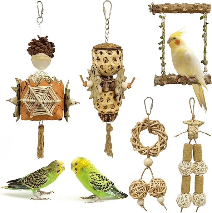 5-Pack Natural Hanging Basket Bird Toys – Foraging & Chewing Toys for Parakeets, Cockatiels, Conures & Small Birds – No Plastic, All-Natural Materials-PawvioPets