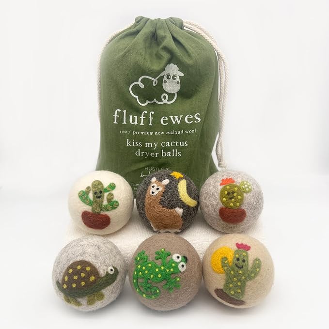 Fluff Ewes Wool Dryer Balls 6 Pack Premium New Zealand Wool Laundry Balls for Dryer, No Static Dryer Balls Laundry Reusable, XL Wool Dryer Balls Cute, Baby Dryer Balls for Dryers - Kiss My Cactus-PawvioPets