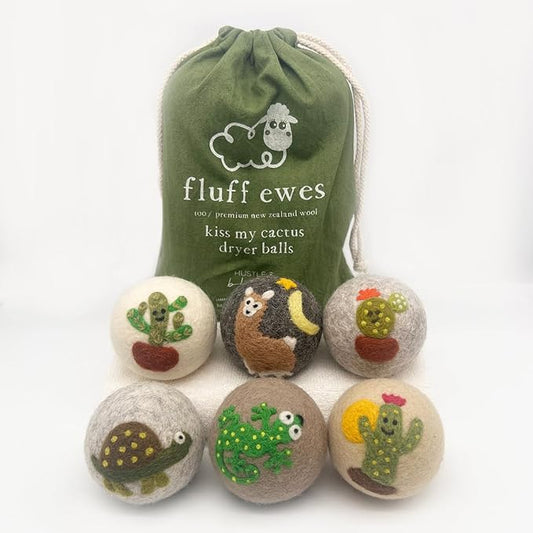 Fluff Ewes Wool Dryer Balls 6 Pack Premium New Zealand Wool Laundry Balls for Dryer, No Static Dryer Balls Laundry Reusable, XL Wool Dryer Balls Cute, Baby Dryer Balls for Dryers - Kiss My Cactus-PawvioPets