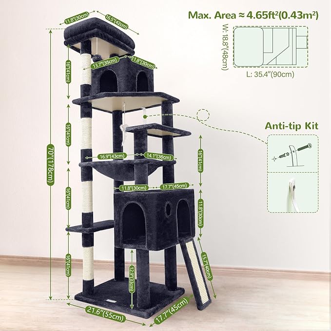 Globlazer Heavy Duty Cat Tree, 70 inch Sturdy Cat Tree for Indoor Cats Extra Large Cat Tower with Scratching Post, Hammock, Cat Condo for Adult Cats Kittens, F70 Pro, Dark Grey-PawvioPets