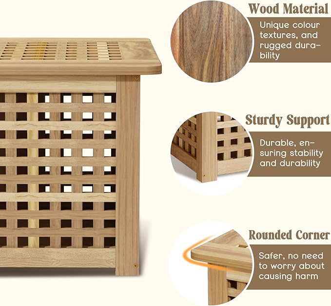 Bench with Storage, Acacia Laundry Hamper with Seat, Storage Benches with Seating for Entryway, Living Room, Bedroom, Bathroom (15.7x38.6x17.7in)-PawvioPets