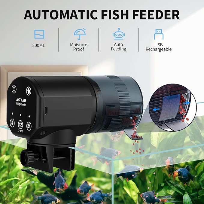 Automatic Fish Feeder for Aquarium: Rechargeable Fish Feeder Dispenser,Moisture-Proof & 200ML Large Capacity Betta Turtle Vacation Feeder,Auto Fish Food Dispenser Timer for Weekends/Business-PawvioPets