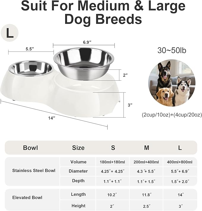 Elevated Dog Bowls Set - Non-Slip Raised Pet Feeder with Medium (10 oz) & Large (20 oz) Stainless Steel Bowls - Includes Durable Resin Stand for Puppies, Adult Dogs & Cats - White-PawvioPets