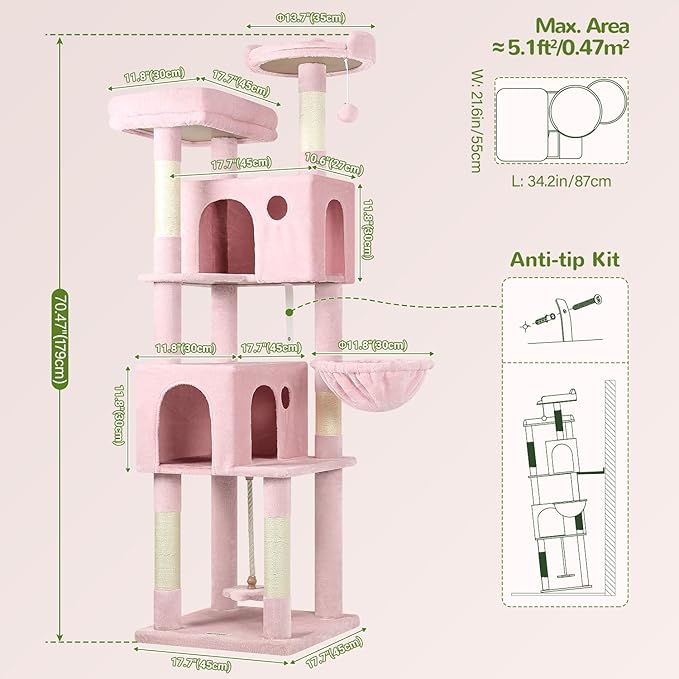 Globlazer Pink Cat Tree, 70 inch Tall Scratching Tower Multi-Level Cat Condo for Indoor Multiple Cats with 2 Large Cat Caves, Top Perch, Large Platform, Bottom Swing, F70B, Pink-PawvioPets