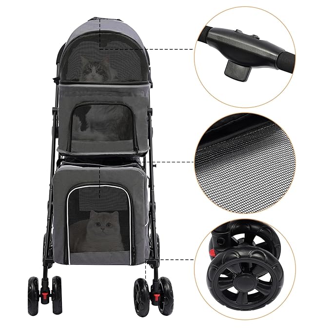 2 Tiers Pet Stroller,4 Wheel Dog Stroller Cat Strollers,3.07lbs Pet Gear Foldable Jogger Travel Cart,Grey Cat Carrying Cart with Storage Basket for Small Medium Pet (Grey)-PawvioPets