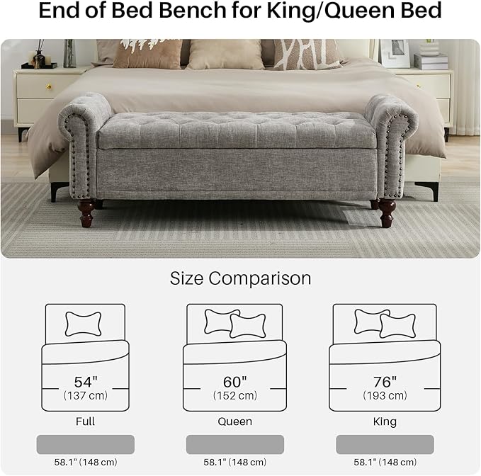 58.1'' Storage Bench Upholstered Chenille End of Bedroom Bed Bench Ottoman with Tufted Cushioned Rolled Arm Large Storage Space for Reading Living Room Entryway, Light Grey-PawvioPets