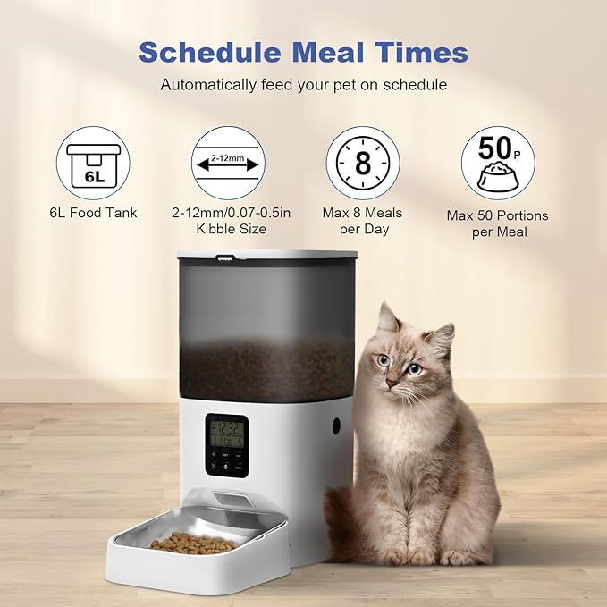 Automatic Cat Feeder, 6L Cat Food Dispenser with 10s Voice Recorder, Pet Feeder up to 8 Meals per Day, Timed Feeder with Dry Food Sealed Ring (Jade White, 6L)-PawvioPets