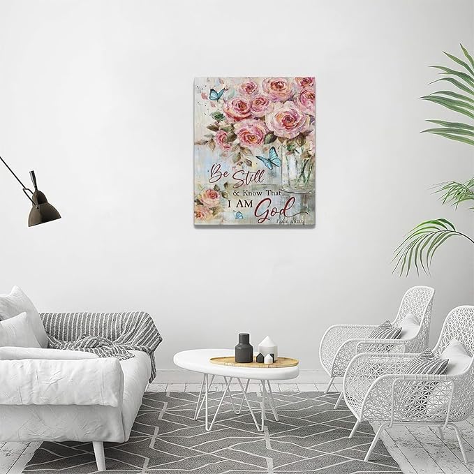 Farmhouse Rose Wall Art Christian Scripture Pictures Pink Rose Wall Decor Rustic Floral Butterfly Canvas Print Painting Artwork for Bathroom Living Room Bedroom 16"x20"-PawvioPets
