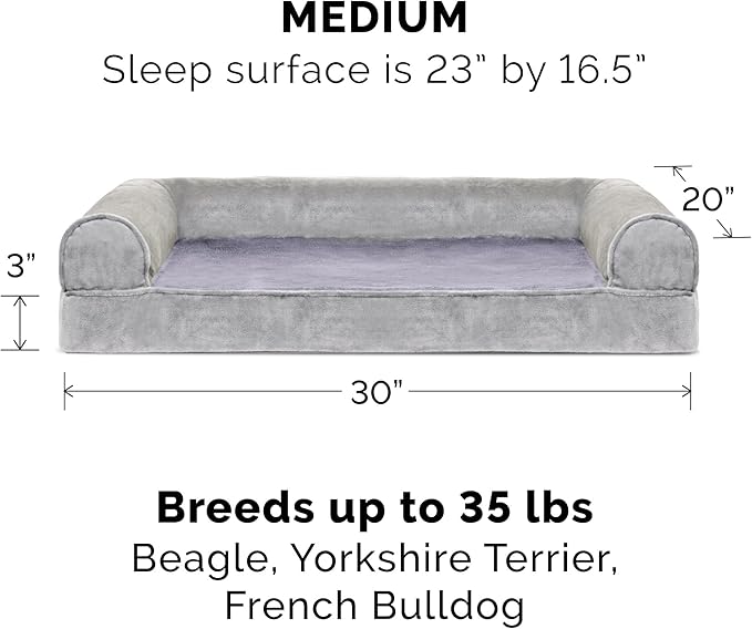 Furhaven Cooling Gel Dog Bed for Medium/Small Dogs w/ Removable Bolsters & Washable Cover, For Dogs Up to 35 lbs - Faux Fur & Velvet Sofa - Smoke Gray, Medium-PawvioPets