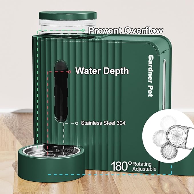 Gardner Pet Automatic Gravity Pet Feeder, 0.8 Gallons*2 Dog Feeder and Water Dispenser Set 100% BPA-Free, 2-in-1 Gravity Feeder with Stainless Steel Bowl for Dogs, Cats, Rabbits, Puppies (Green)-PawvioPets