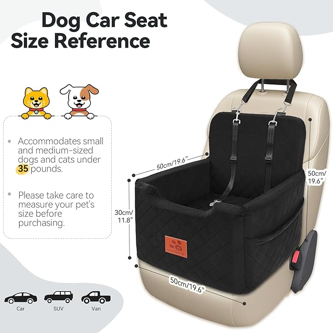 Dog Car Seat for Small/Medium Dogs Under 35lbs,Memory Foam Dog Booster Seats,Detachable and Washable Traval Pet Car Seat,Dogs Bed with 2 Safety Belts(Balck)-PawvioPets