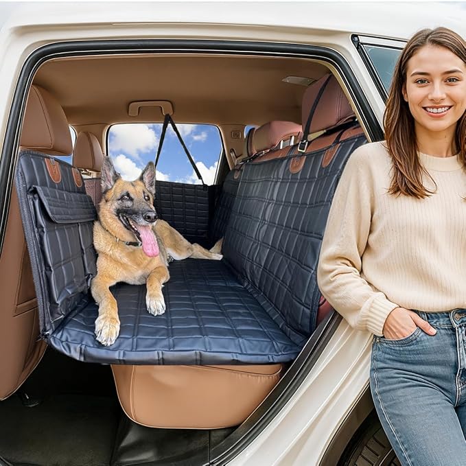 APetsPlanet Dog Car Seat Cover for Back Seat Hard Bottom - Waterproof Backseat Extender for Dogs - Pet Hammock Bed for Car, Truck, SUV with Mesh Window & Storage - Black Leather, with Door Covers-PawvioPets
