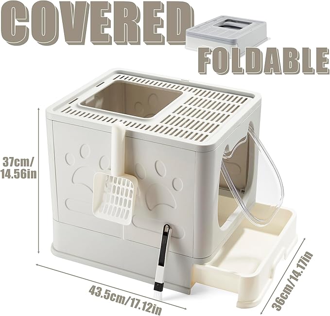 Gefryco Litter Box with Lid for Small to Medium Cats, Enclosed Cat Litter Box with Cover，High Sided Top Entry Cat Box with Brush and Scoop, Cute Kitty Litter Pan with Drawer for Growing Kittens(Grey)-PawvioPets