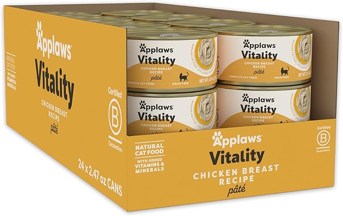 Applaws Vitality Wet Cat Food Paté, Natural Canned Cat Food, Wet Food for Cats with Added Vitamins and Minerals, Grain Free, Carrageenan Free, Chicken Breast Recipe (24 Count, 2.47 oz Cans)-PawvioPets
