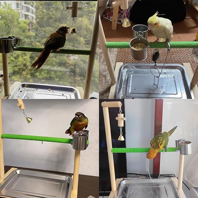 Bird Palyground, Parrot Playstand Natural Wood, Bird Perch Stand Gym with Feeder Cups and Removable Tray, Bird Cage Accessories for Parakeets Cockatiels Lovebirds-PawvioPets