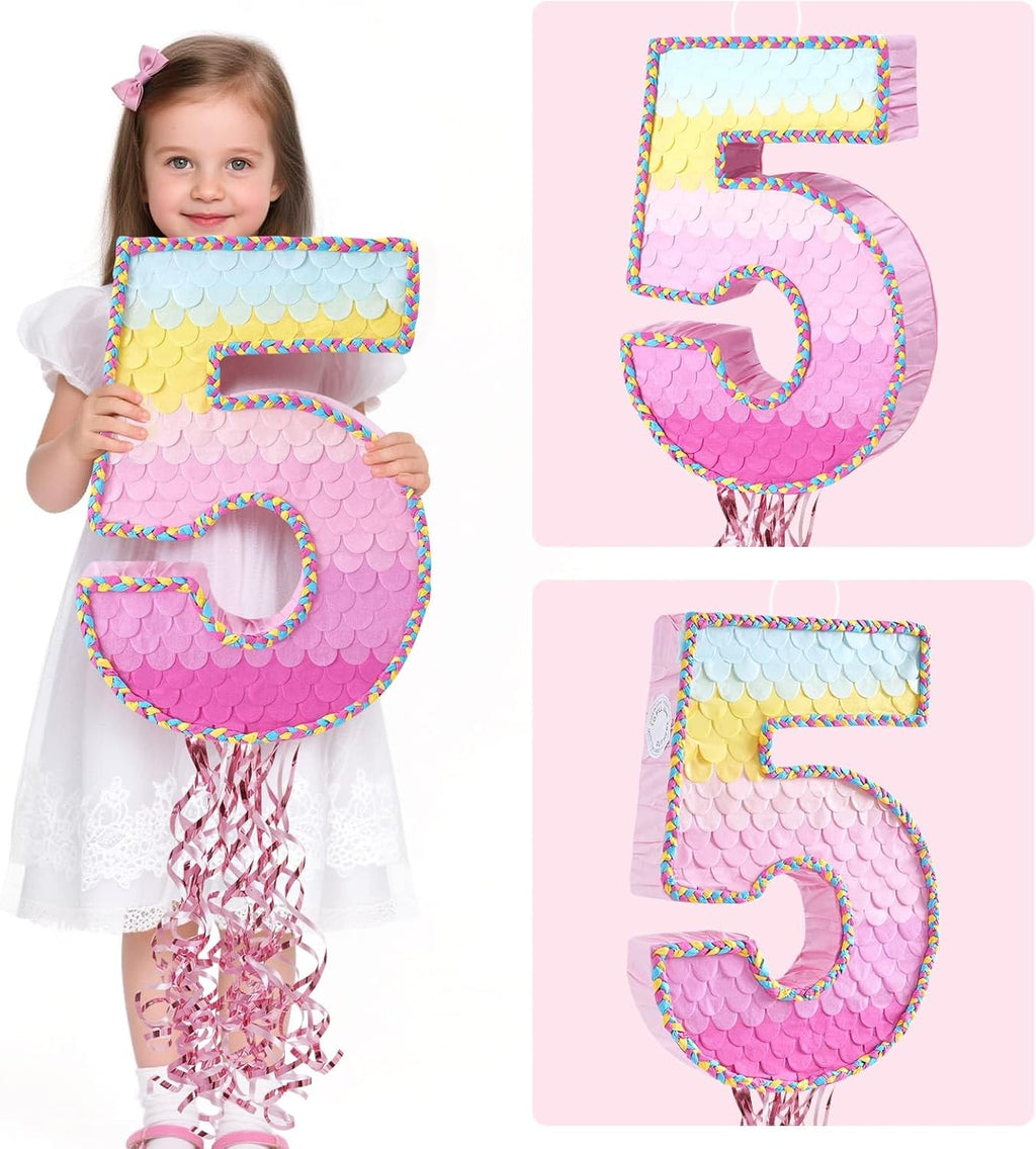 WERNNSAI Pink Sweet Five Pinata - Number 5 Pinata Happy Birthday Decoration Pink Rainbow Design Party Games for Girl Princess Baby Shower Party Favor with Blindfold Anniversary Celebration Supplies