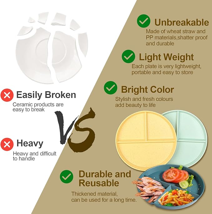 Divided Plates for Adults (8 Packs), Unbreakable Portion Control Plate Sectioned with Dividers, 9 Inch Plastic Food Separator Dinner Plates Lightweight Compartment BPA Free Reusable Microwave Safe-PawvioPets