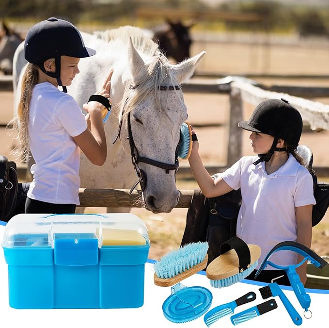 Cunhill 9 Pieces Horse Grooming Kit Tack Room Supplies Set with Organizer Tote Box, Oval Massage Curry, Hard and Soft Brush, Hoof Pick, Sweat Scraper, Bathing Sponge, Combs for Horse Riders Beginners-PawvioPets