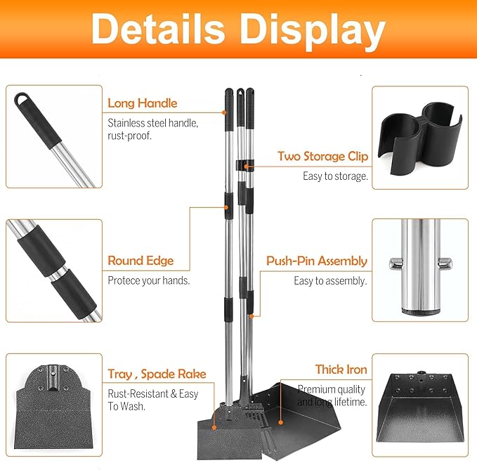 Dog Pooper Scooper, Adjustable Handle Poop Scooper with Tray,Rake and Spade Set of 3, Steel Stainless Poop Scoop for Medium Large Dogs and Pet Waste on Grass, Dirt and Gravel (Large Size)-PawvioPets