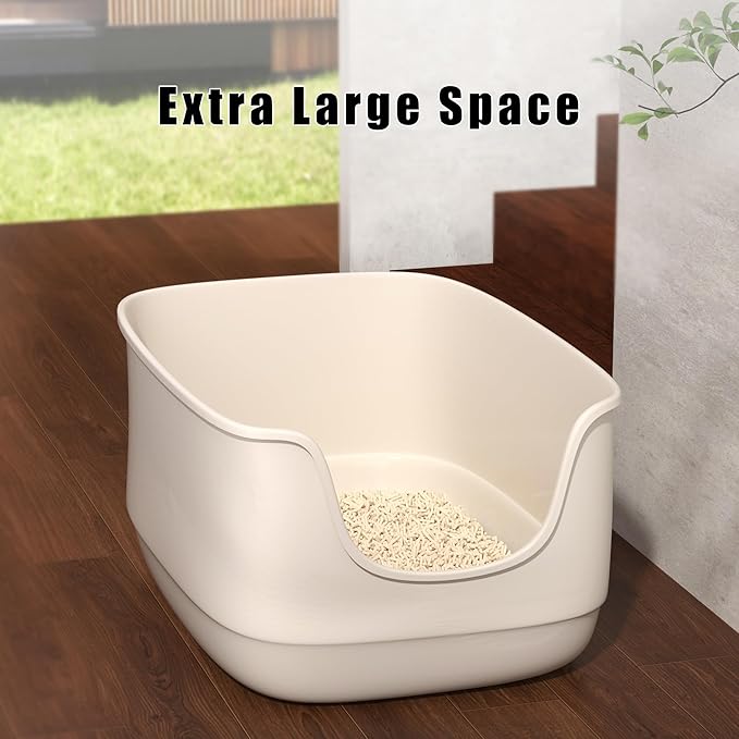 Gefryco Large Cat Litter Box with High Sided 24.6"x18.3"x12.2" - Jumbo Extra Large Open Anti - Splashing High Wall for Multiple Cats (White)-PawvioPets