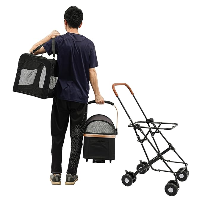 2-Layers Pet Stroller for 2 Cats/Dogs,Foldable Lightweight 77lbs Capacity Carrier, 4 Wheels, Removable Basket & Storage Pocket,for Small Pets (Black)-PawvioPets
