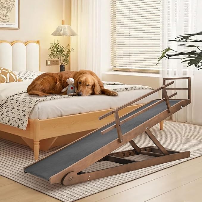 Dog Ramp, 5 Level Adjustable Height Folding Pet Ramp for High Bed, Portable Paw Ramps Large Bed Ramp for Medium & Large Old Dogs & Cats - Natural Wood Furniture Quality-PawvioPets