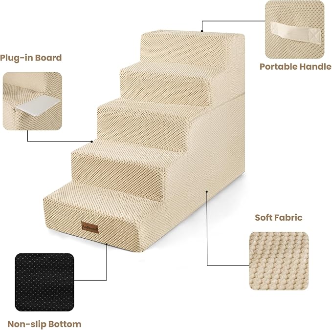Dog Stairs for High Bed 22.6" H,5-Step Dog Steps for Small Dogs and Cats,Indoor Non-Slip Balanced Pet Stairs are Suitable for Puppy,Older Cat,Beige-PawvioPets