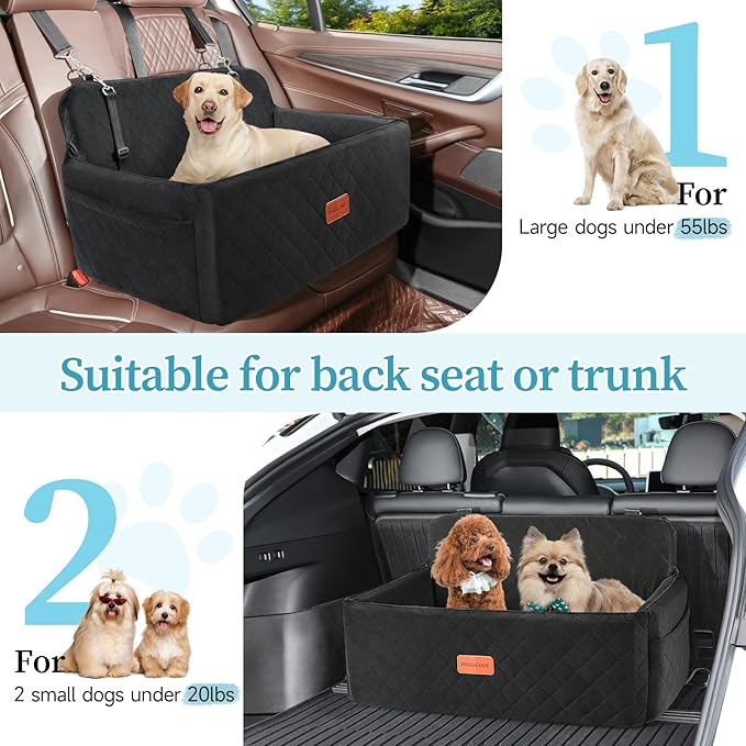 Dog Car Seat for Medium/Large Dogs, Pet Booster Seat for Under 55 lbs or 2 Small Dogs, Detachable & Washable Dog Car Bed for Backseat with 2 Safety Leashes(Black)-PawvioPets