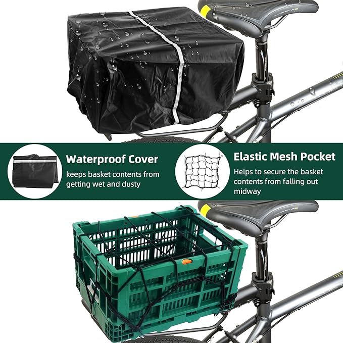Foldable Large Green Plastic Bicycle Rear Basket with Cargo Net and Waterproof Cover Net for Shopping Outings, Pets, School, Picnics or Outdoor Activities, Easy to Install on Rack Mount-PawvioPets
