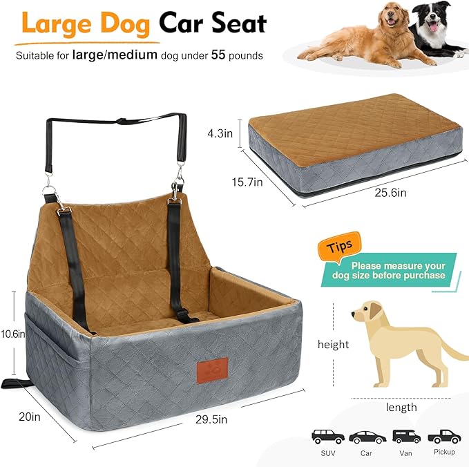 Dog Car Seat for Large Medium Dogs,Washable Pet Carseat Under 55 lbs or 2 Small Dogs,Dog Booster Seat with Thick Cushion,2 Safety Leashes-PawvioPets