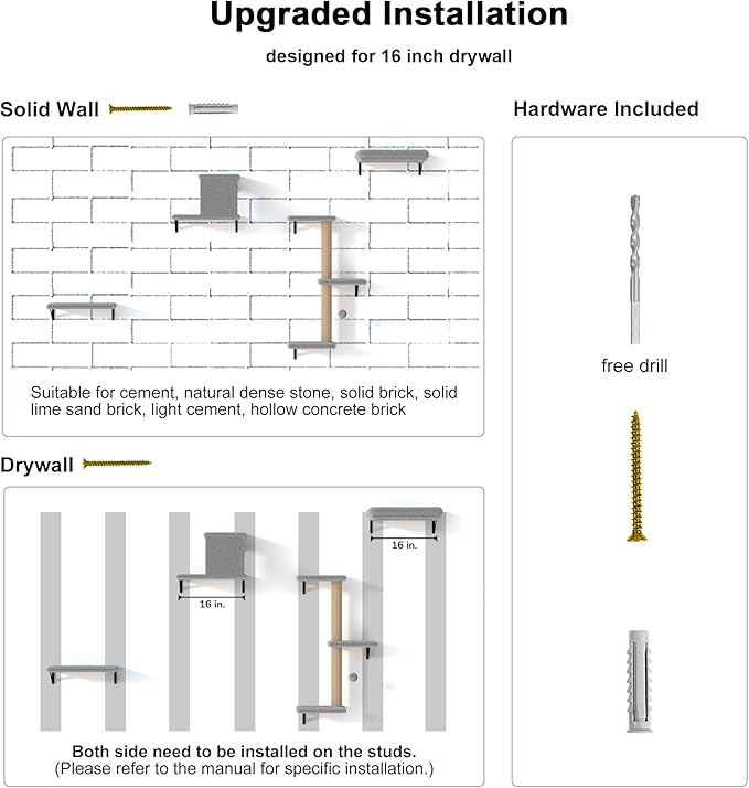 FUKUMARU Cat Wall Shelves, Stable & Safe 4 in 1 Cat Furniture Set, Wooden Climbing Wall with Scratching Post for 16 Inch Drywall - Light Gray-PawvioPets
