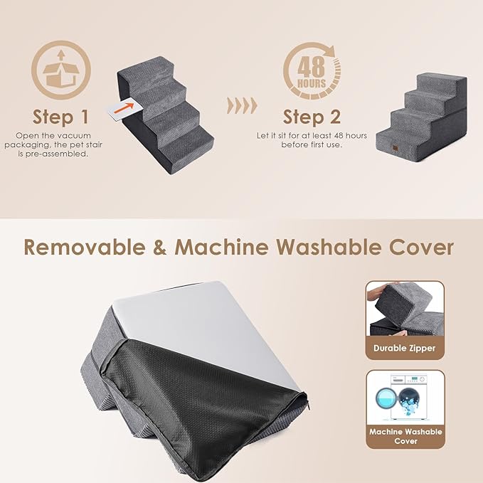 EHEYCIGA Dog Stairs for Bed 18" H, 4-Step Dog Steps for High Bed, Pet Steps for Small Dogs and Cats, Non-Slip Balanced Pet Ramp Indoor, Grey-PawvioPets