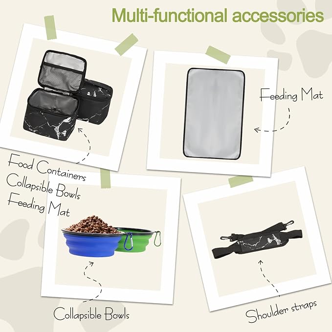 Dog Travel Bag,Weekend Pet Travel bag Set for Dog and Cat,Airline Approved Tote Multi-Function Dog Bags for Traveling,Include 2 Collapsible Bowls,2 Food Storage Containers,1 Feeding Mat,Marble-PawvioPets