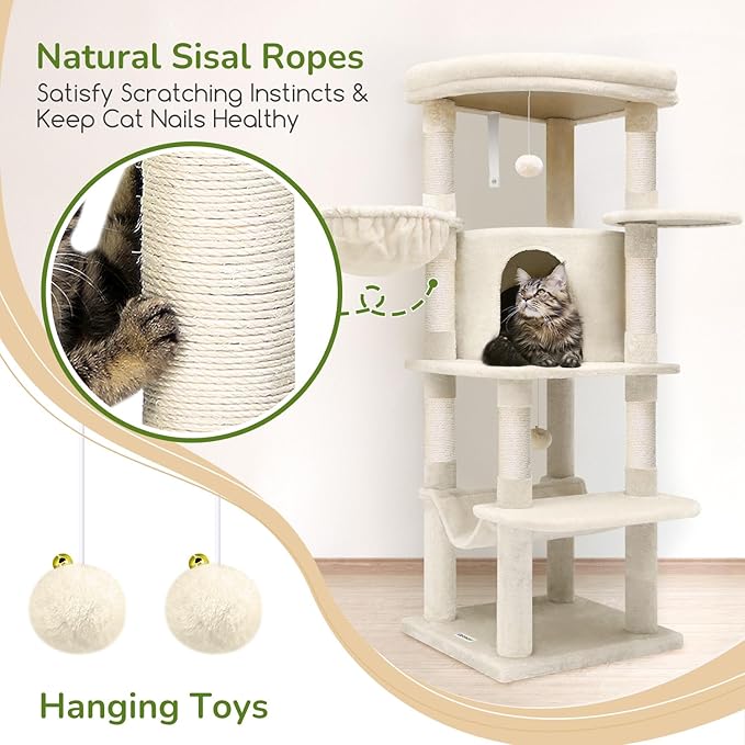 Globlazer Corner Cat Tree Tower with Scratching Post for Indoor Cats, 51in Plush Multi-Level Cat Tower with Large Hammock, Fan-Shaped Padded Perch, Spacious Cat Condo, Hanging Basket, C51, Light Beige-PawvioPets