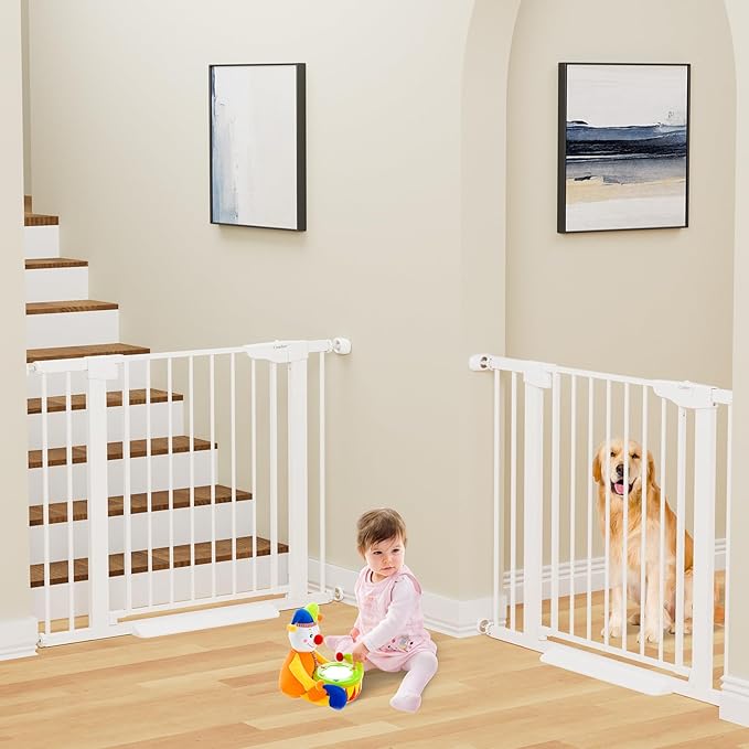 Cumbor 2 Pack 29.7-40.6" Baby Gate for Stairs, Mom's Choice Awards Winner-Dog Gate for Doorways, Pressure Mounted Self Closing Pet Gates for Dogs Indoor, Safety Child Gate with Easy Walk Thru Door-PawvioPets