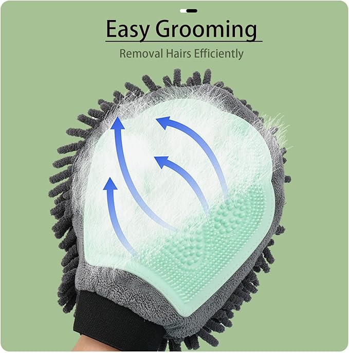 Dual Sided Pet Grooming Glove with Rubber Paw - 2-in-1 Grooming Glove | Fun Dogs & Cats Grooming Tool for Brushing, Massaging, and Scrubbing | Chenille Fabric Side Acts as Pet Bathing(Green)-PawvioPets