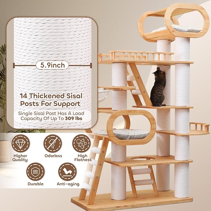 76.8'' Tall Modern Large Cat Tree,Multi-Level Wood Cat Tower for Indoor Cats Large Adults,Luxury Heavy Duty Cat Condo with Cushion,Scratching Posts,Clear Hammock Activity (76.8inch)-PawvioPets