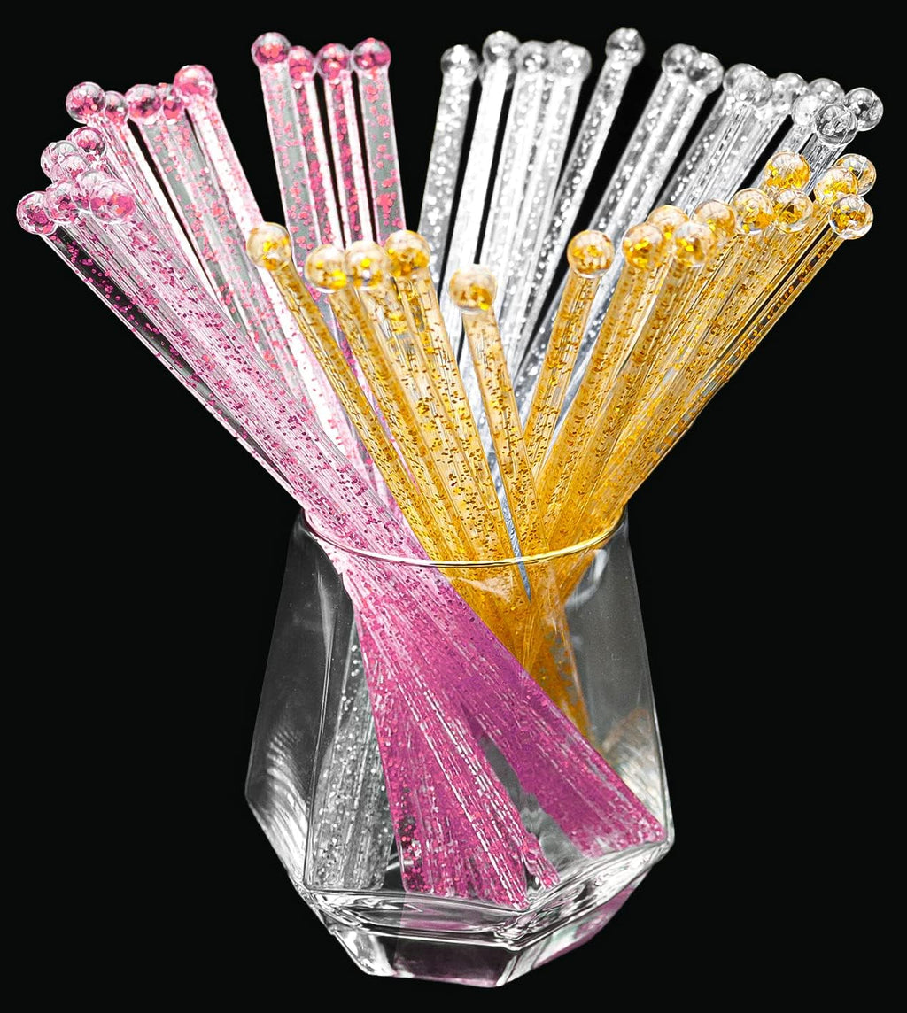 100-PCS Gold Pink Silver Glitter Plastic Swizzle Sticks, Crystal Cake Pops, Cocktail Coffee Drink Stirrers, Stir Sticks for Christmas Party Wedding, 7.24 Inch
