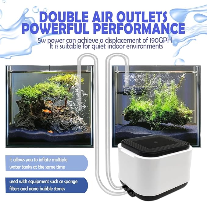Aquarium Air Pump Quietest for Fish Tank 20-300Gallon/20-600Gallon,2 Air Outlets Ultra Silent Powerful Adjustable Aerator Pump for Livewell 190GPH/260GPH 5W/10W,Air Stones, Tubing, Check Valve-PawvioPets
