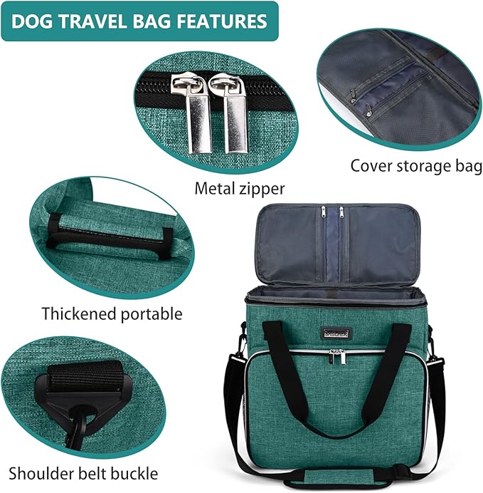 BAGLHER Pet Travel Set Airline-Approved Carrier for Small/Medium Cats & Dogs + Travel Bag with Food Containers & Silicone Bowls, Grey & Green-PawvioPets