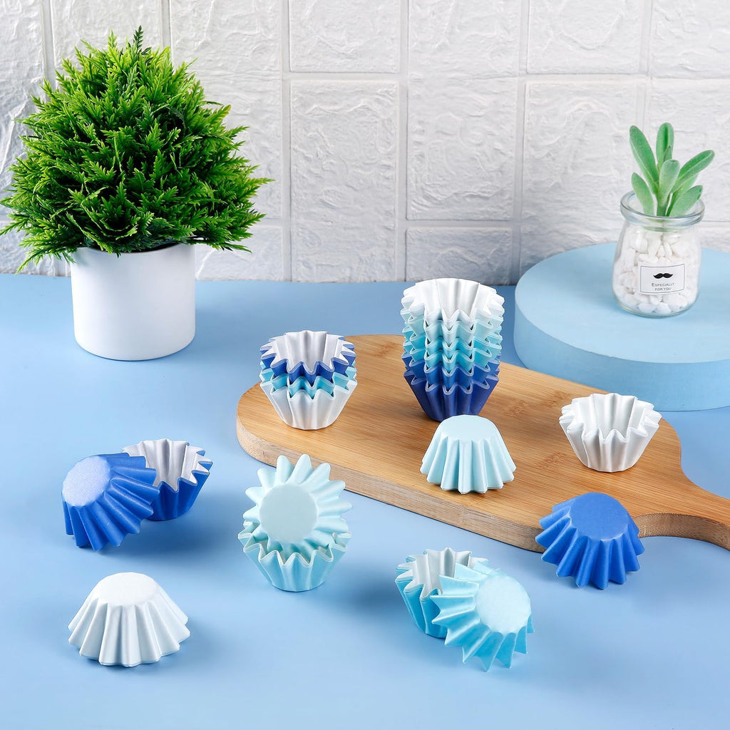 Quera 200 Pcs Grease-Resistant Mini Cupcake Liners White Blue Navy Blue Heavy Duty Paper Muffin Baking Cups for Wedding Birthday Holiday Party or Baby Shower(1.18 x 1.18 in)