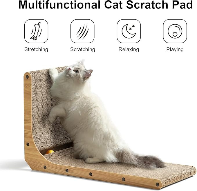 FUKUMARU Cat Scratcher, 26.8 Inch L Shape Cat Scratch Pad Wall Mounted, Cat Scratching Cardboard with Ball Toy for Indoor Cats, Large Size-PawvioPets