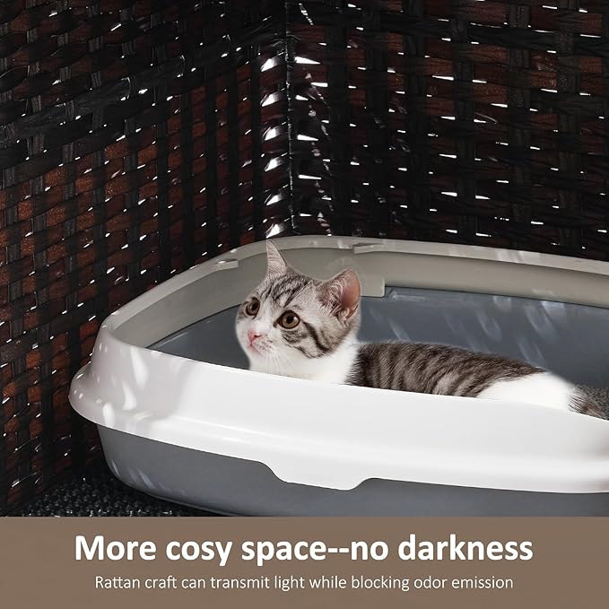 Cat Litter Box Enclosure with Soft Litter Mat; Hidden Cat Washroom Furniture with Door; Handwoven Rattan Cat House; Pet Crate for Living Room, Bedroom, Balcony (Brown)-PawvioPets