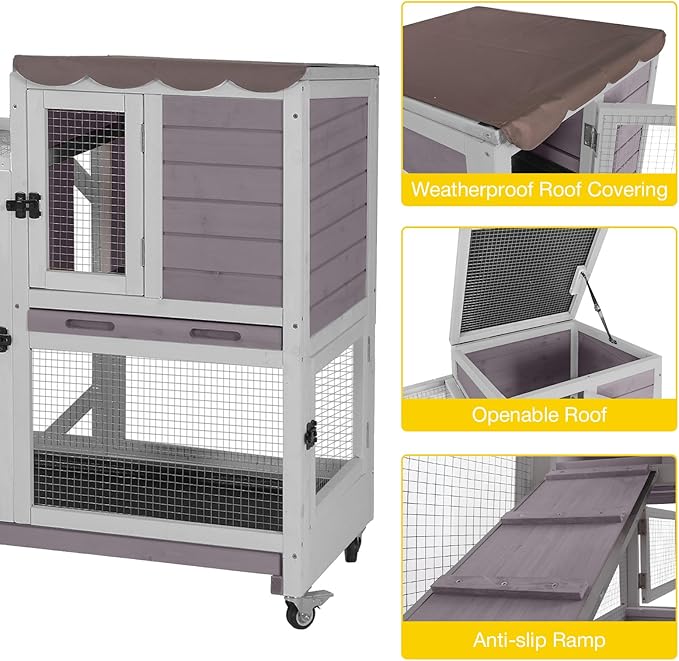 Aivituvin Rabbit Cage Indoor Outdoor Bunny Hutch on Wheels, 2 Story Wood Guinea Pig Cages with 2 Deeper Pull Out Trays (Gray)-PawvioPets