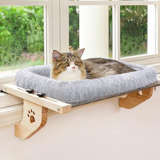 AMOSIJOY Cat Sill Window Perch Sturdy Hammock Window Seat with Cushion Cover, Wood & Metal Frame for Large Cats, Easy to Adjust Cat Bed for Windowsill, Bedside, Drawer and Cabinet (L)-PawvioPets