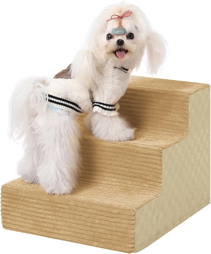 Dog Stairs for Small Dogs,13" H,3-Step Dog Steps for Bed and Couch with High Density Foam,Non-Slip Pet Steps for Doggy and Cat,Pet Stairs with a Washable Cover,Khaki-PawvioPets