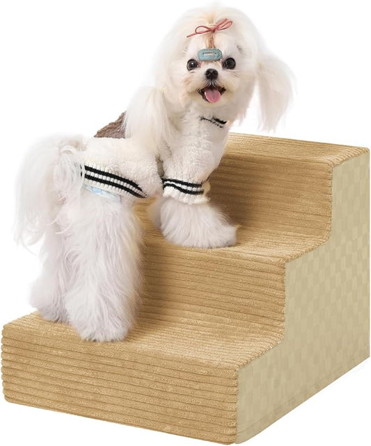 Dog Stairs for Small Dogs,13" H,3-Step Dog Steps for Bed and Couch with High Density Foam,Non-Slip Pet Steps for Doggy and Cat,Pet Stairs with a Washable Cover,Khaki-PawvioPets