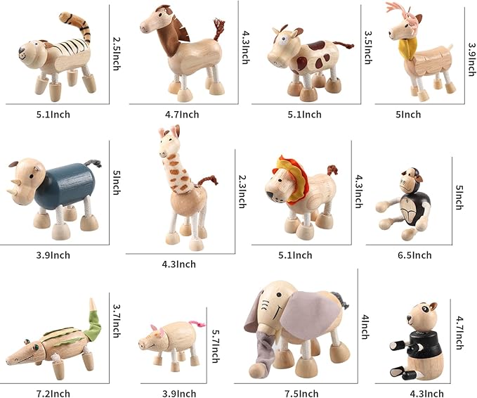 12PCS Bendable Wooden Animal Toys, Fun and Posable Animal Toys for Early Education, Smooth Natural Wood, Safari Farm Wood Animals Learning Toy for Kids-PawvioPets
